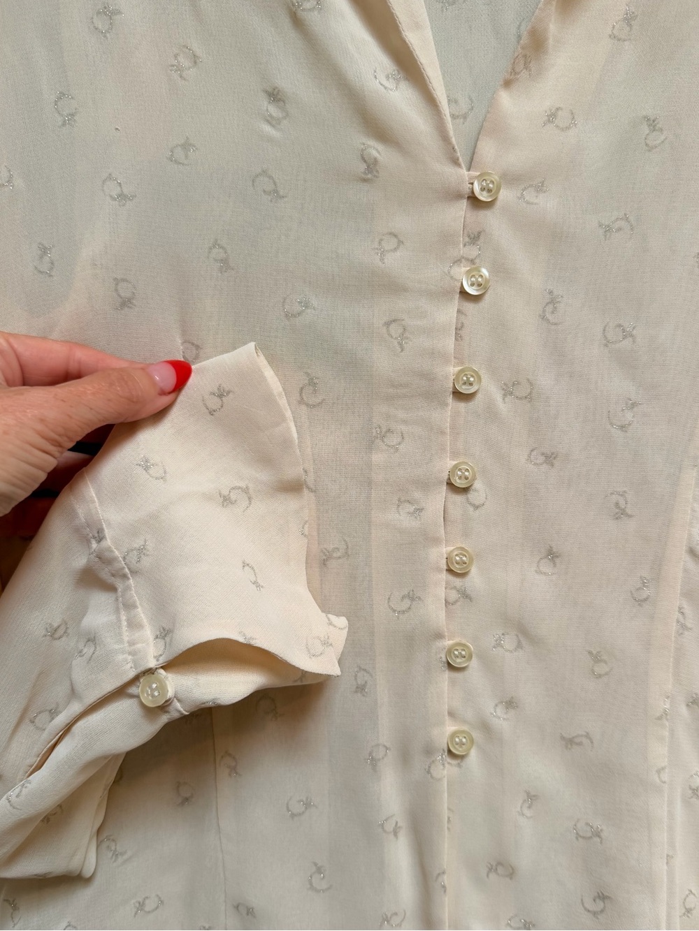 CACHAREL Y2K era Sheer Beige Metallic Print Viscose Blouse Top Sz Small - Picture 7 of 8